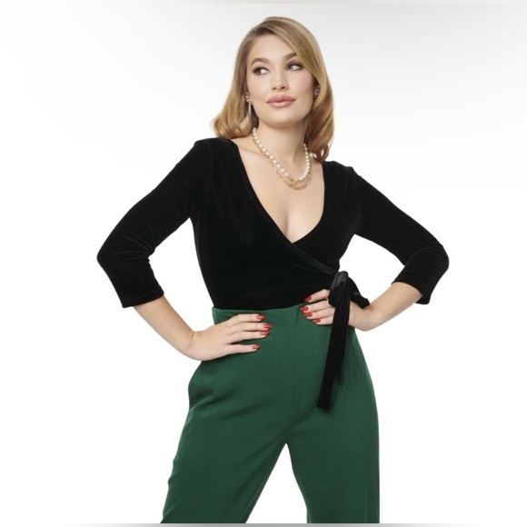 Unique Vintage Black Velvet Surplice Long Sleeve Bodysuit, Size 1x, NWT! - Picture 5 of 14